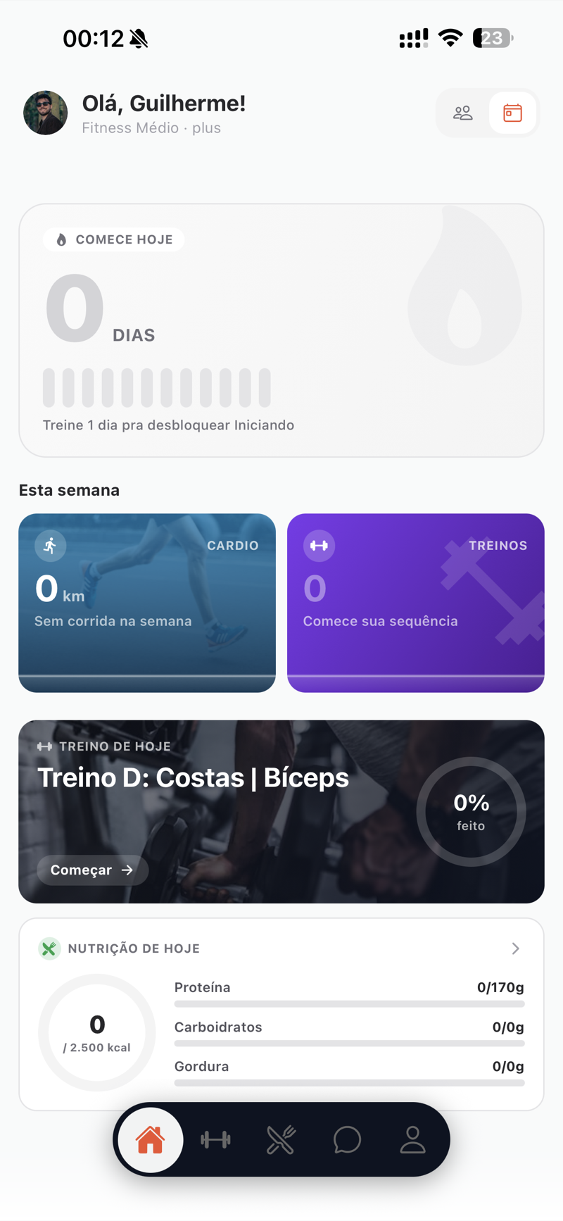 App: treino e nutrição do dia