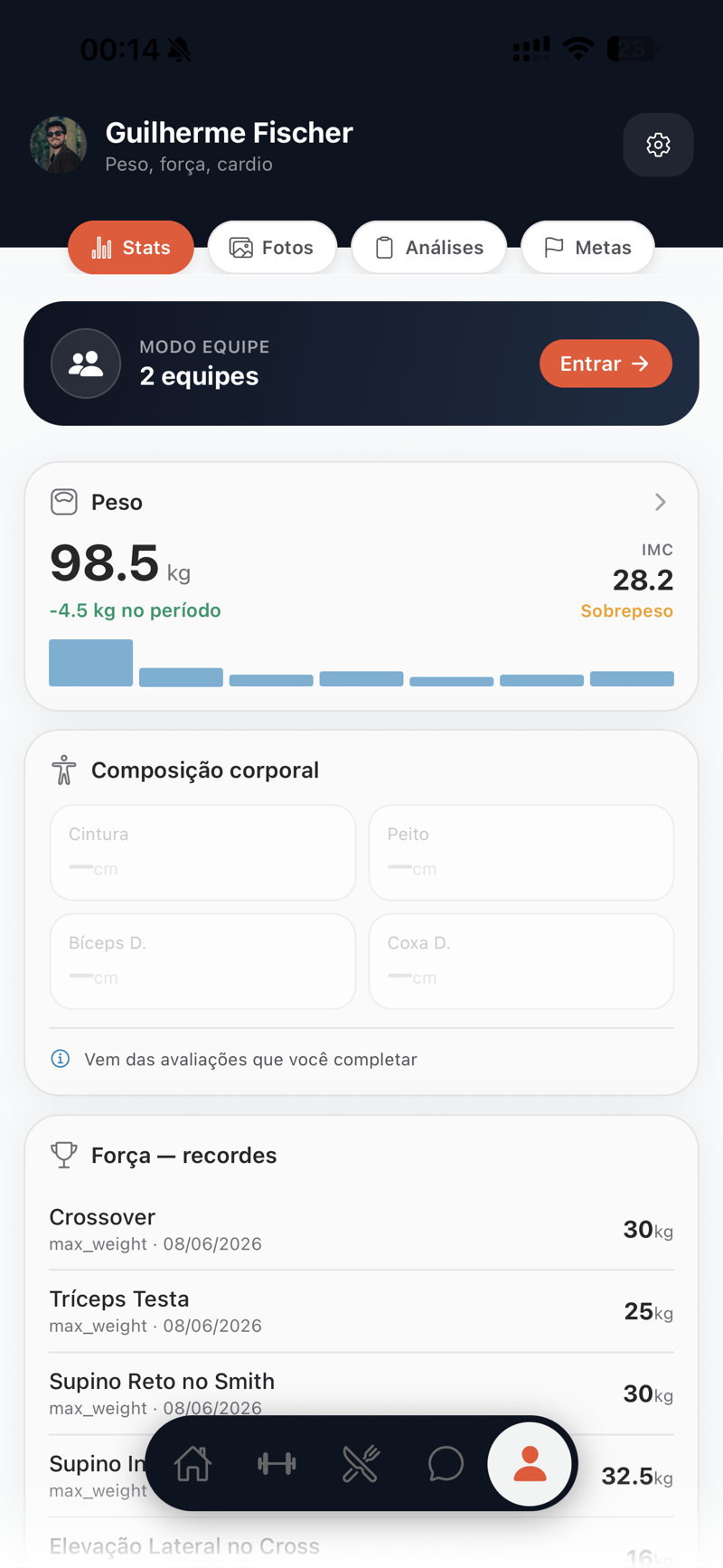 App: progresso e recordes